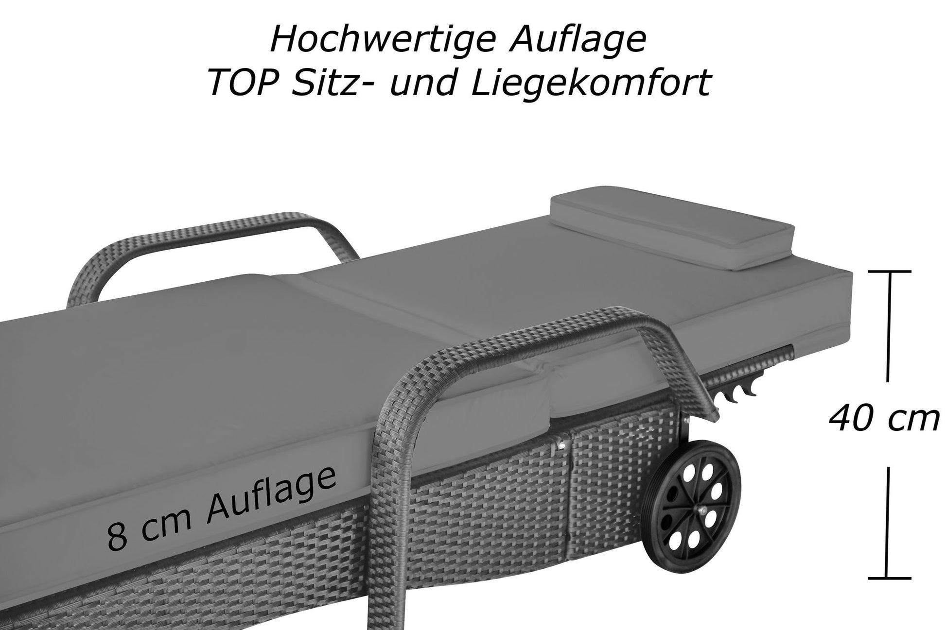 Hochwertige graue Liege mit grauer Auflage, höhenverstellbarer Rückenlehne, stabilen Rädern und 40 cm Sitzhöhe