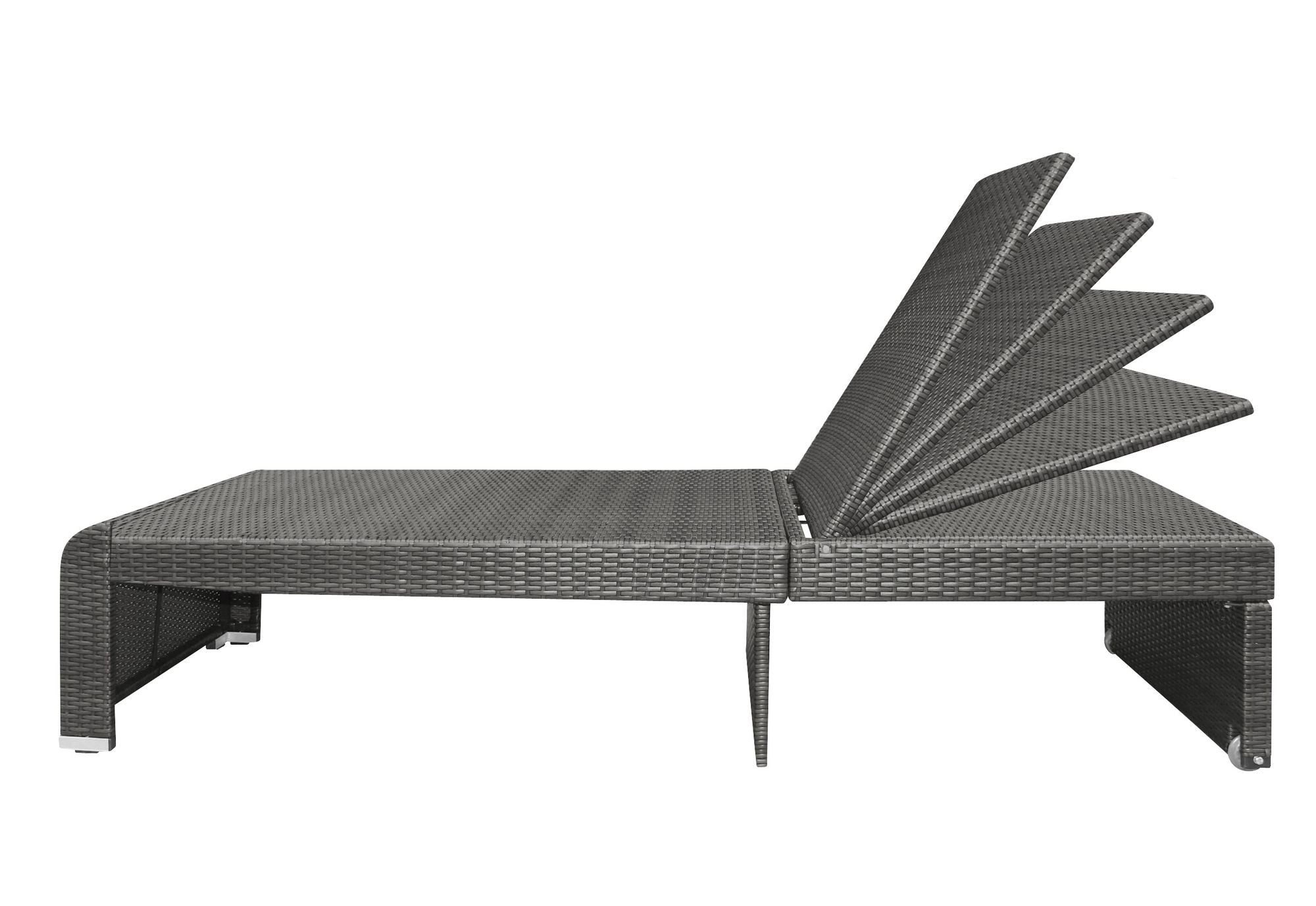 Graue Rattan-Sonnenliege mit mehrfach verstellbarer Rückenlehne. (Graue Auflage)