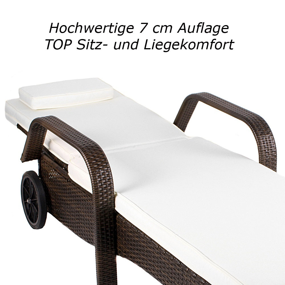 Sonnenliege mit 7 cm weißer Polsterauflage, bequemer Liegekomfort und Armlehnen. Braun.