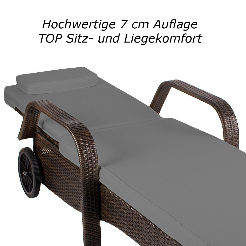 Sonnenliege mit 7 cm grauer Polsterauflage, bequemer Liegekomfort und Armlehnen. Braun / Grau.