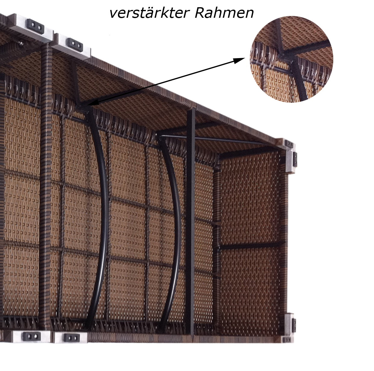 Verstärkter Rahmen aus robustem Material, sorgt für Stabilität der Liege. Braun.