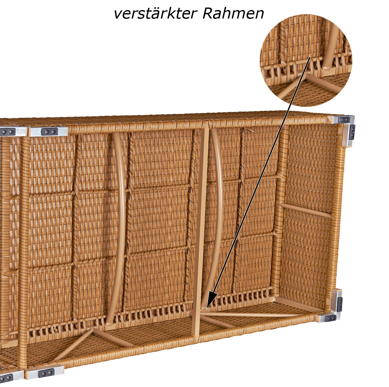 Verstärkter Rahmen aus robustem Material, sorgt für Stabilität der Liege. Natur.