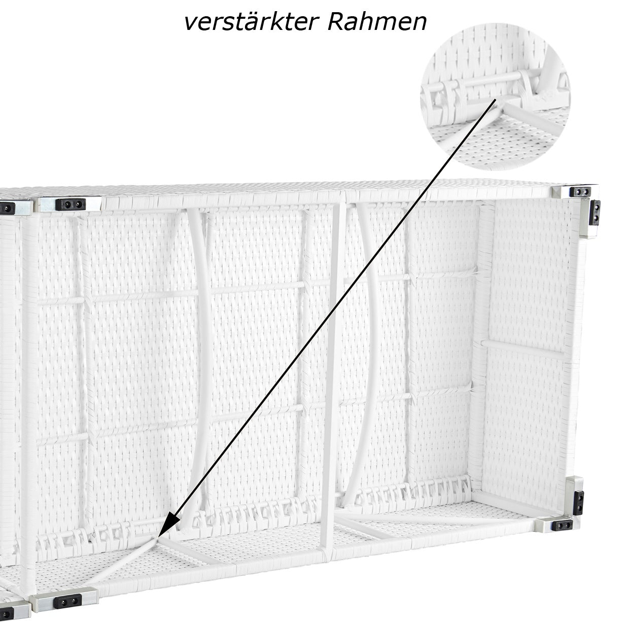 Verstärkter Rahmen einer weißen Sonnenliege, Detailaufnahme zeigt stabilen Aufbau.