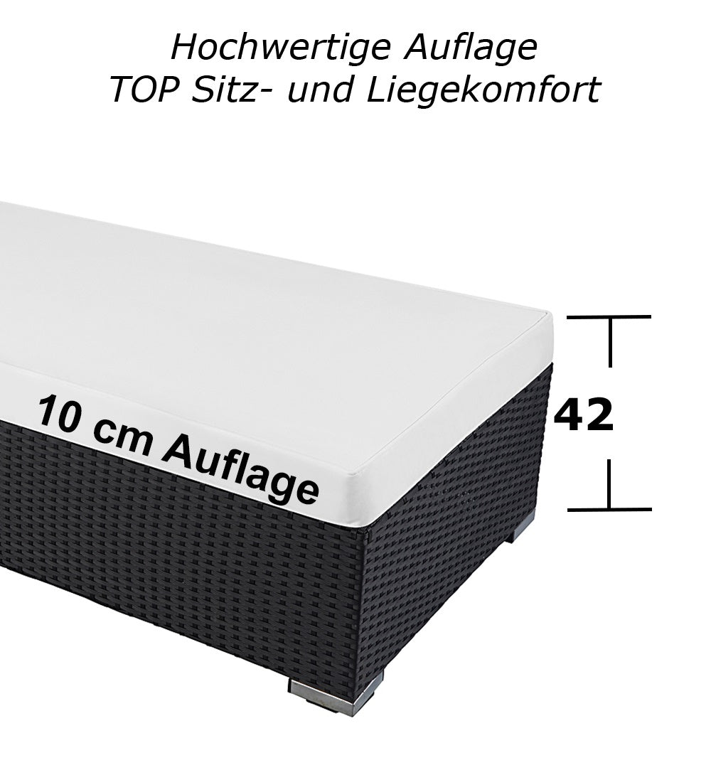 Sonnenliege mit 10 cm weißer Auflage und 42 cm Sitzhöhe. Schwarz.