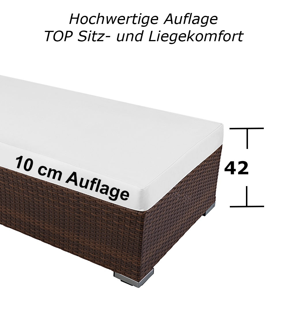 Sonnenliege mit 10 cm weißer Auflage und 42 cm Sitzhöhe. Braun.