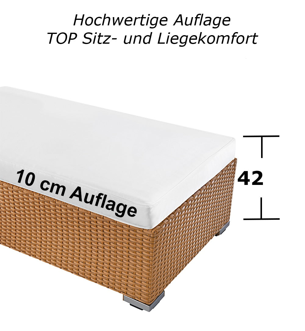 Sonnenliege mit 10 cm weißer Auflage und 42 cm Sitzhöhe. Natur.