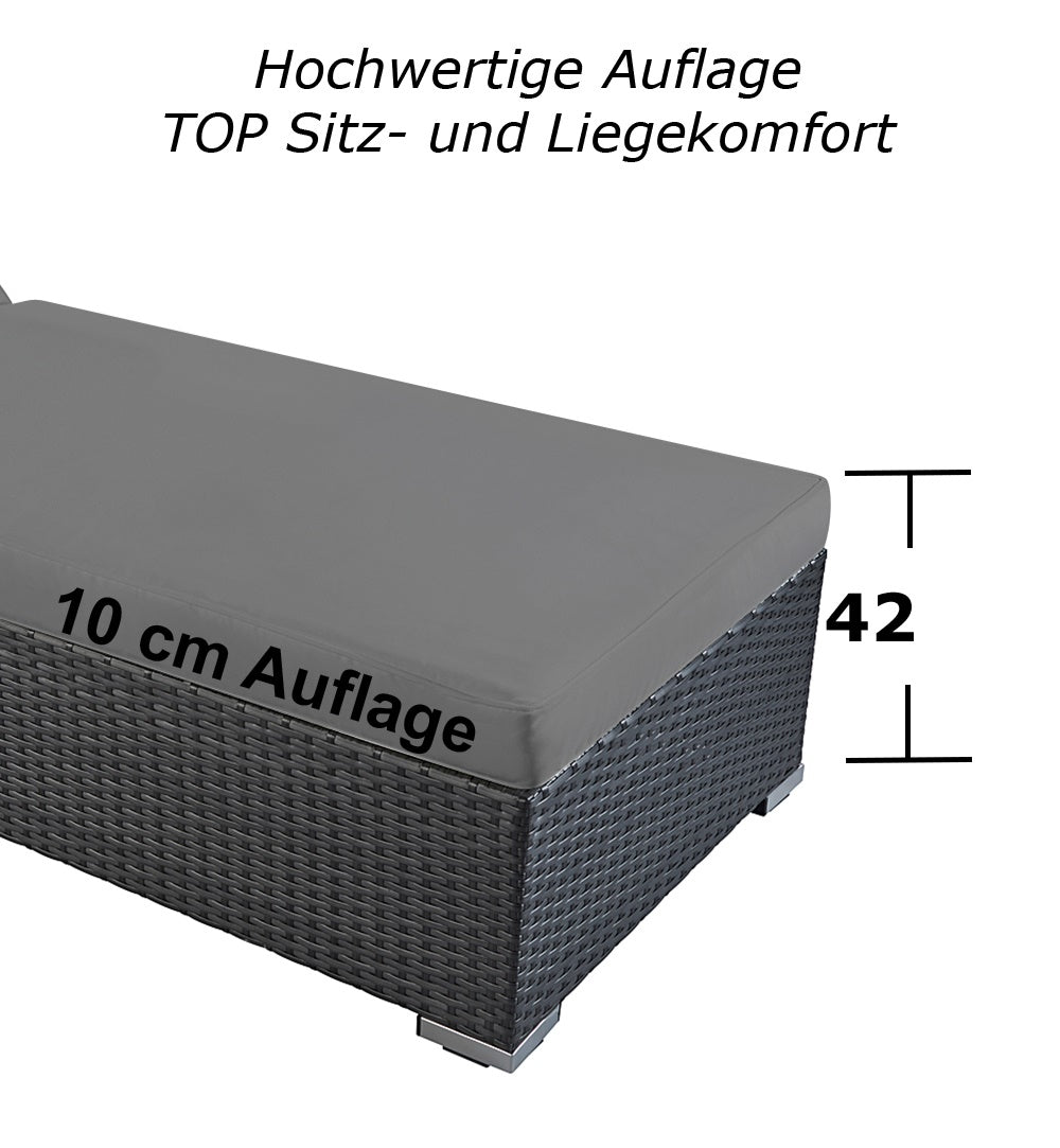 Sonnenliege mit 10 cm grauer Auflage und 42 cm Sitzhöhe. Grau / Grau.