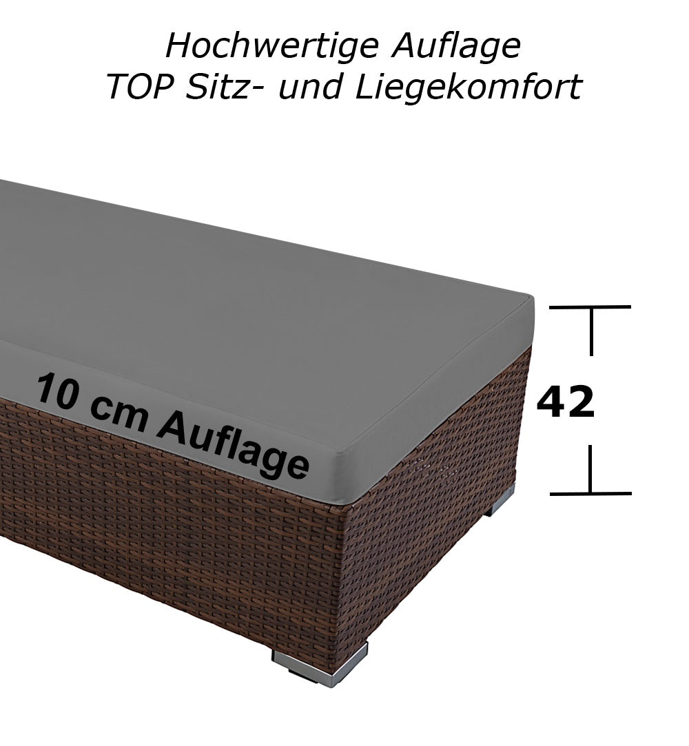 Sonnenliege mit 10 cm grauer Auflage und 42 cm Sitzhöhe. Braun / Grau.