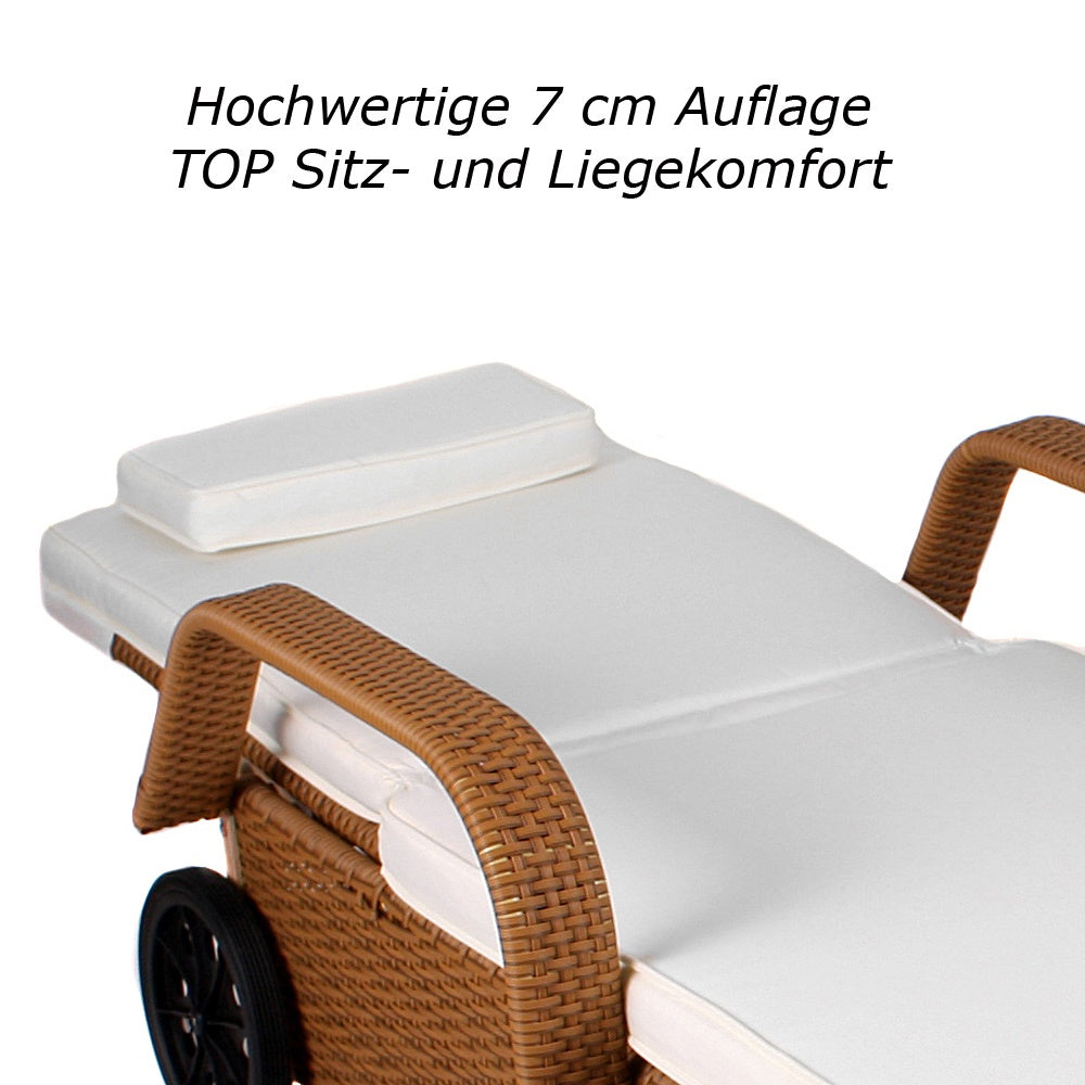 Sonnenliege mit 7 cm weißer Polsterauflage, bequemer Liegekomfort und Armlehnen. Natur.