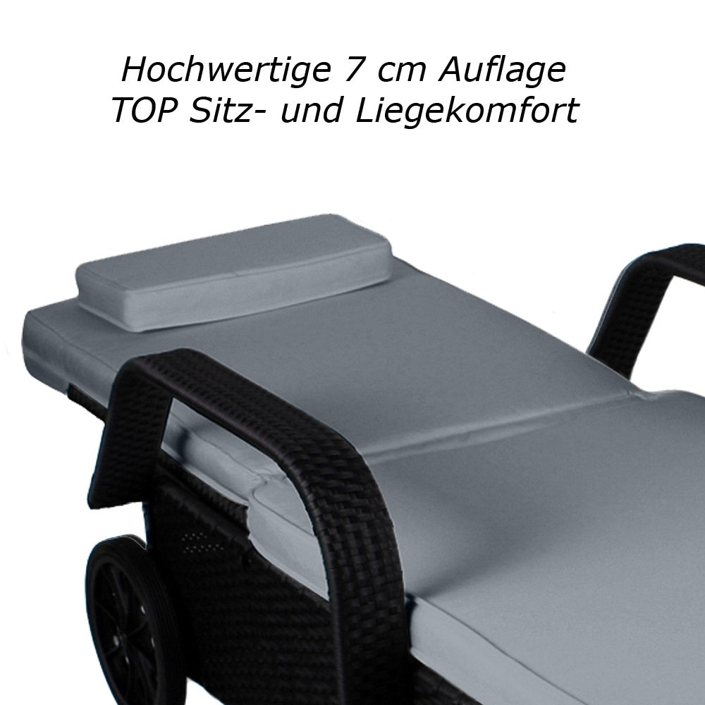 Sonnenliege mit 7 cm grauer Polsterauflage, bequemer Liegekomfort und Armlehnen. Schwarz / Grau.