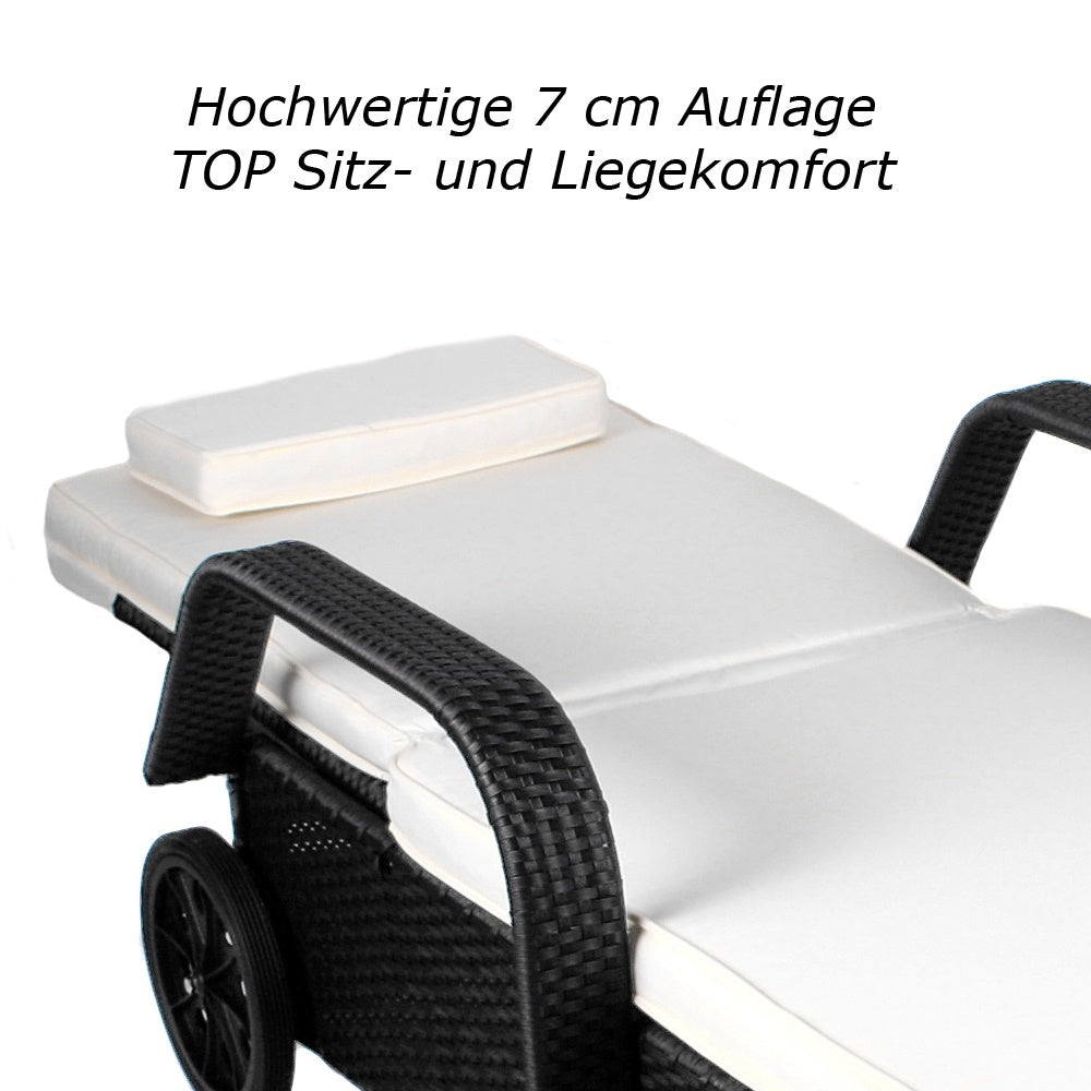Sonnenliege mit 7 cm weißer Polsterauflage, bequemer Liegekomfort und Armlehnen. Schwarz.