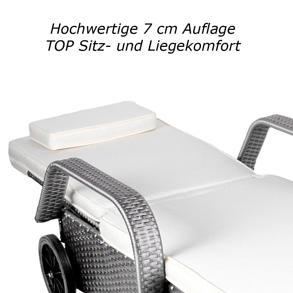 Sonnenliege mit 7 cm weißer Polsterauflage, bequemer Liegekomfort und Armlehnen. Grau.