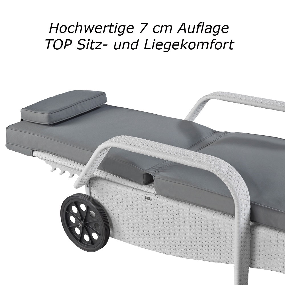 Sonnenliege mit 7 cm grauer Polsterauflage, bequemer Liegekomfort und Armlehnen. Weiß.