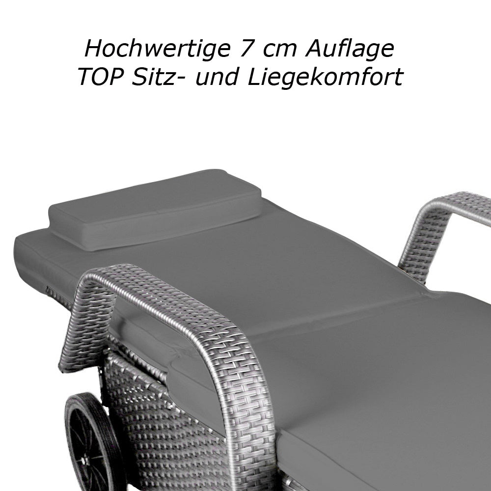 Sonnenliege mit 7 cm grauer Polsterauflage, bequemer Liegekomfort und Armlehnen. Grau / Grau.