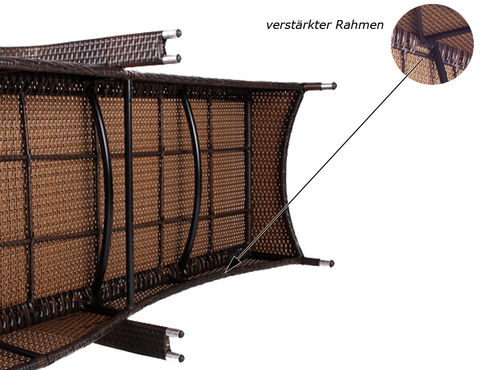 Detailansicht verstärkter Rahmen einer Sonnenliege aus braunem Poly-Rattan.