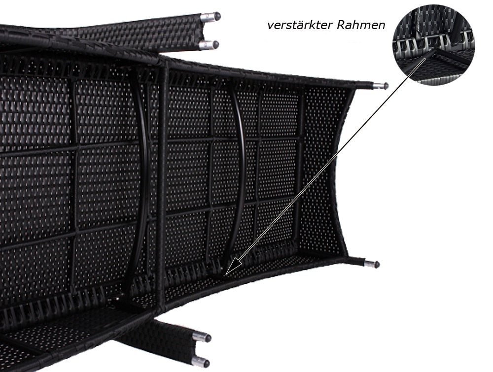 Detailansicht verstärkter Rahmen einer Sonnenliege aus schwarzem Poly-Rattan. Schwarz / Grau.