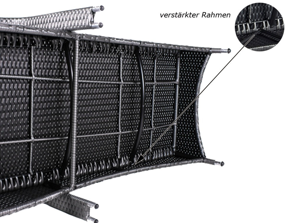 Detailansicht verstärkter Rahmen einer Sonnenliege aus grauem Poly-Rattan.