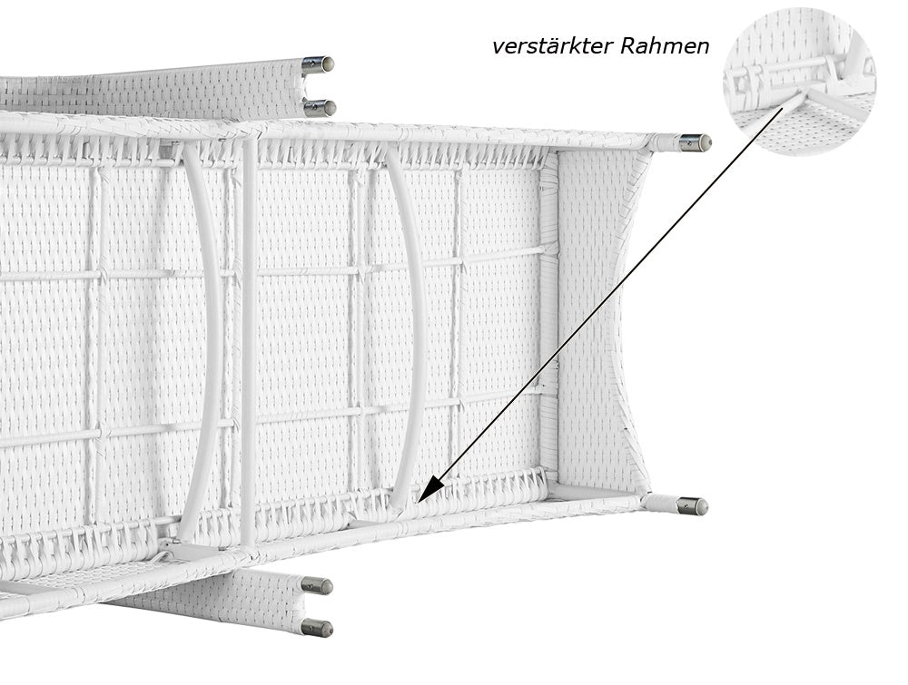 Detailansicht verstärkter Rahmen einer Sonnenliege aus weißem Poly-Rattan.