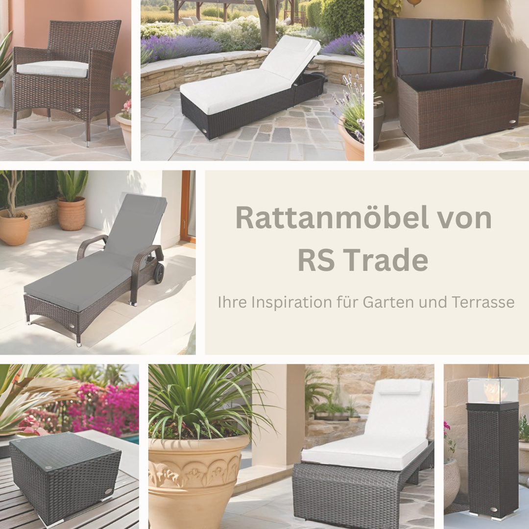 Inspirationscollage mit Rattanmöbeln wie Liegen, Boxen und Sesseln von RS Trade für den Garten.