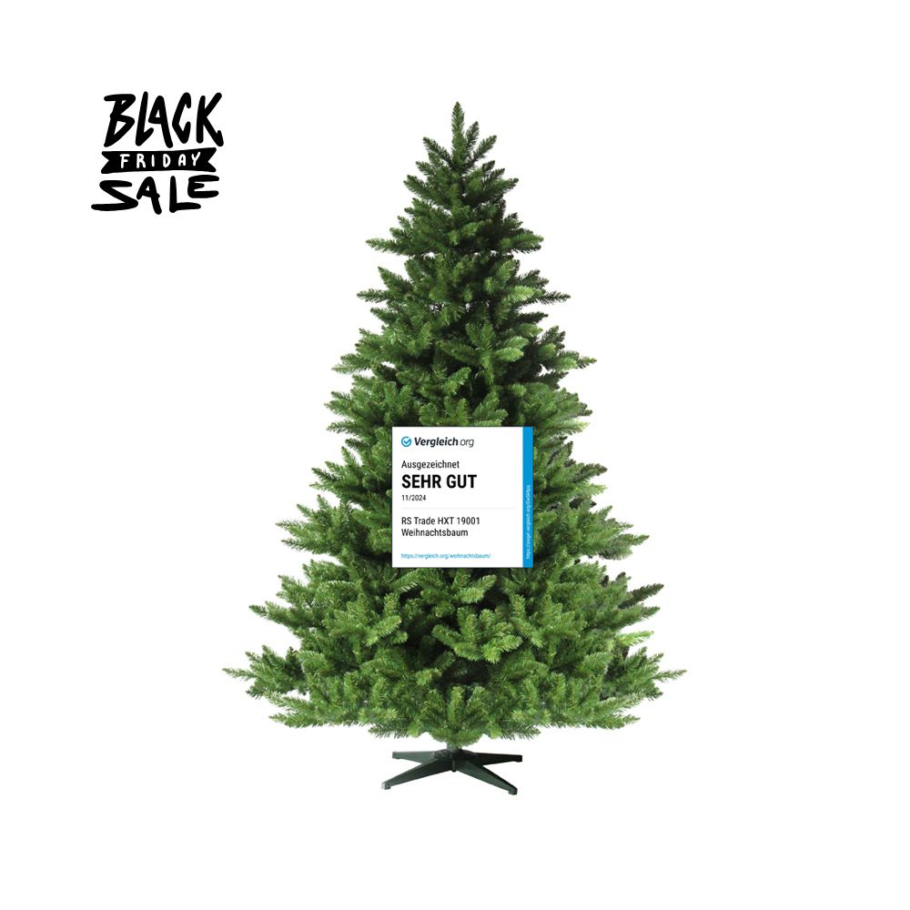 Künstlicher Tannenbaum mit Siegel "Sehr gut" am Stamm, dichtes Nadelwerk, schwarzer Kreuzfuß. 150 cm
