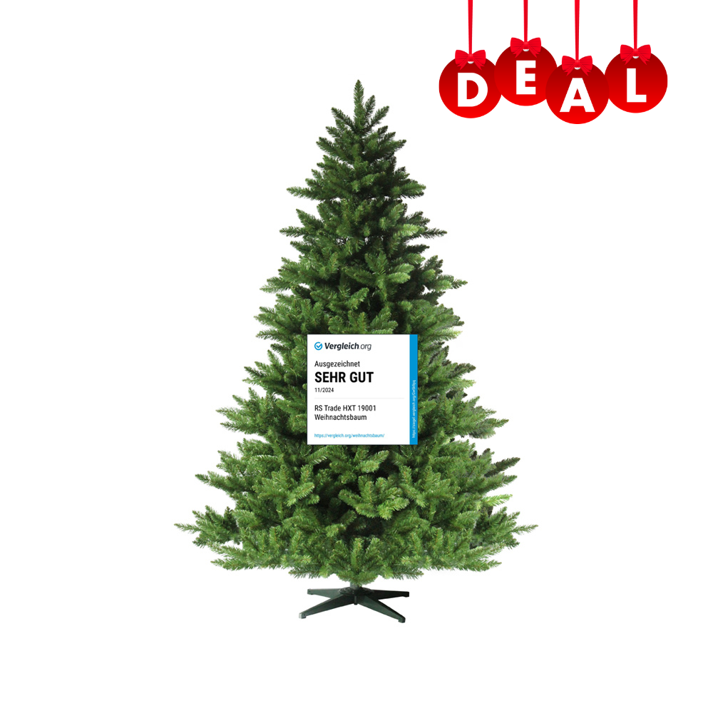 Künstlicher Tannenbaum mit Siegel "Sehr gut" am Stamm, dichtes Nadelwerk, schwarzer Kreuzfuß. 210 cm_Dealzember