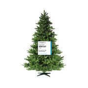 Künstlicher Tannenbaum mit Siegel "Sehr gut" am Stamm, dichtes Nadelwerk, schwarzer Kreuzfuß. 270 cm