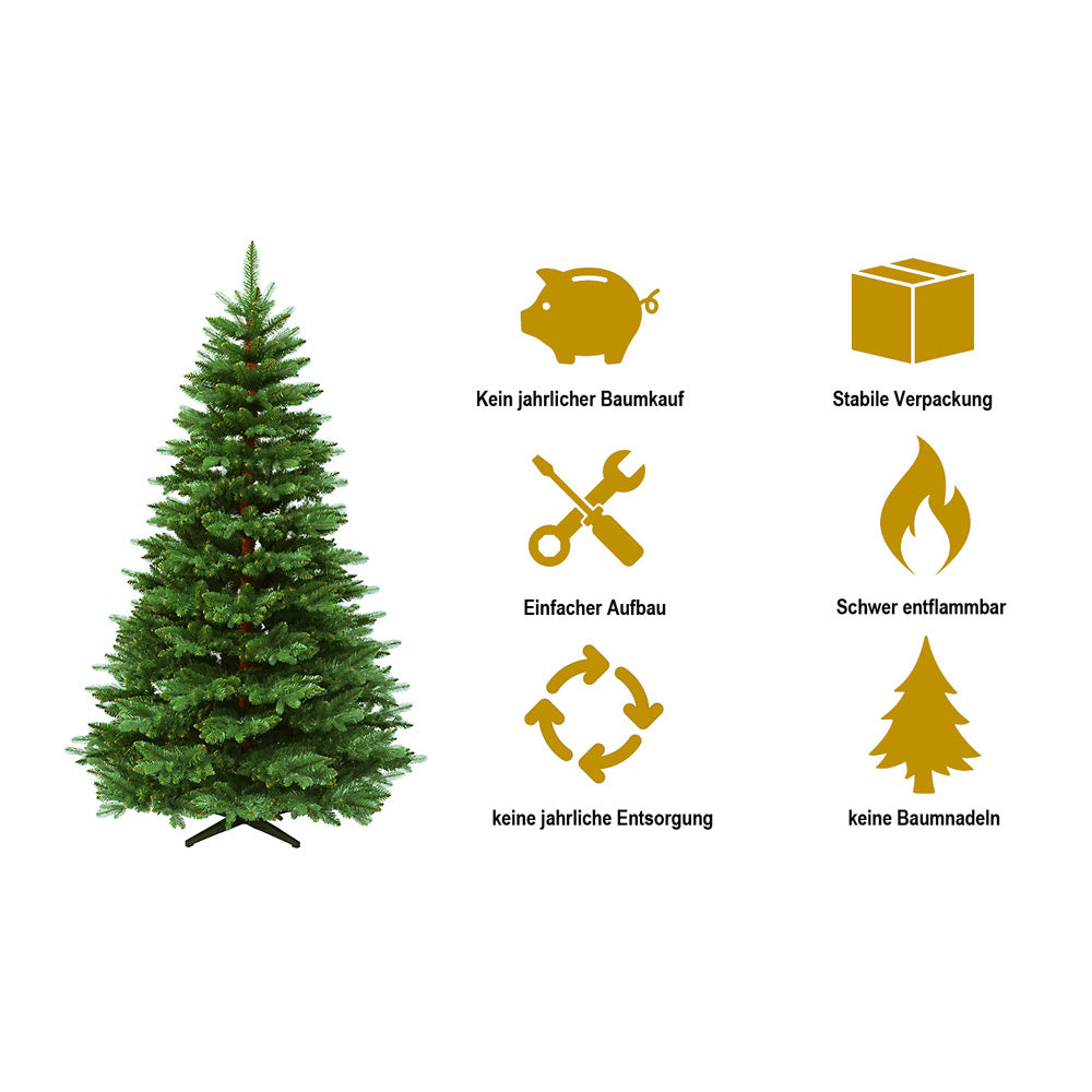 Künstlicher Weihnachtsbaum aus PVC-Spritzguss mit dichtem grünen Nadelwerk, freistehend. 270 cm