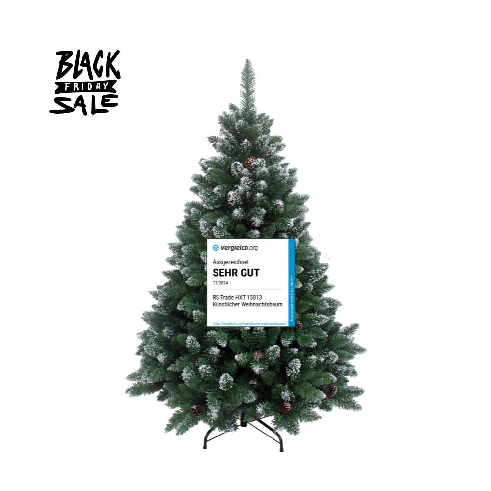 Künstlicher Weihnachtsbaum mit Schneespitzen, Tannenzapfen und „Sehr gut“-Testsiegel am Stamm. 240 cm