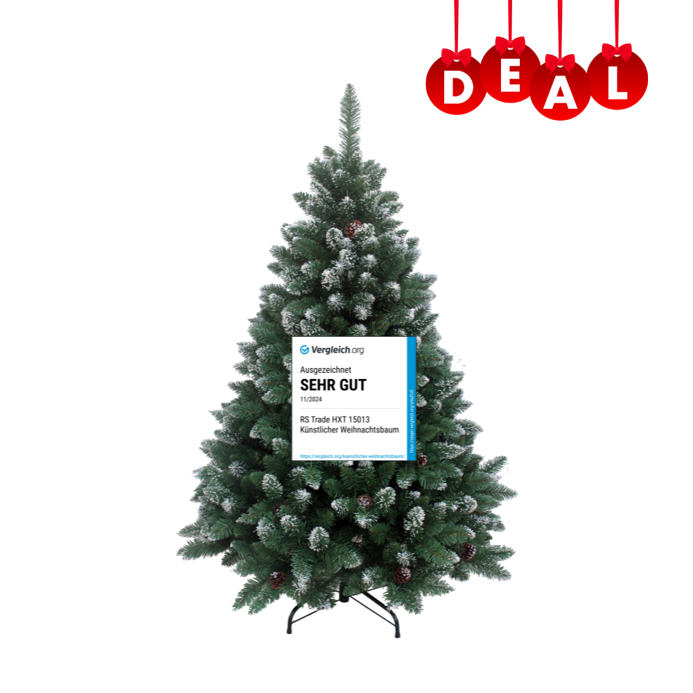 Künstlicher Weihnachtsbaum mit Schneespitzen, Tannenzapfen und „Sehr gut“-Testsiegel am Stamm. 240 cm._Dealzember