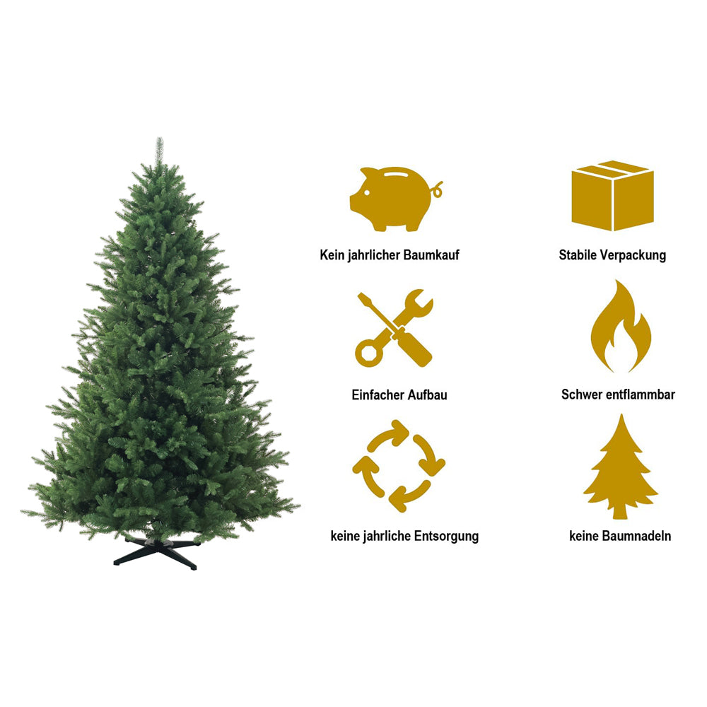Künstlicher Weihnachtsbaum mit Symbolen für Vorteile: sicher, nachhaltig, wiederverwendbar, montagefreundlich. Pop Up 210 cm