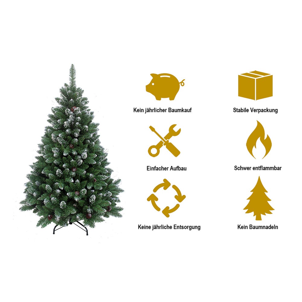 Künstlicher Weihnachtsbaum mit Symbolen für Vorteile wie Aufbau, Wiederverwendung und Brandschutz. 240 cm