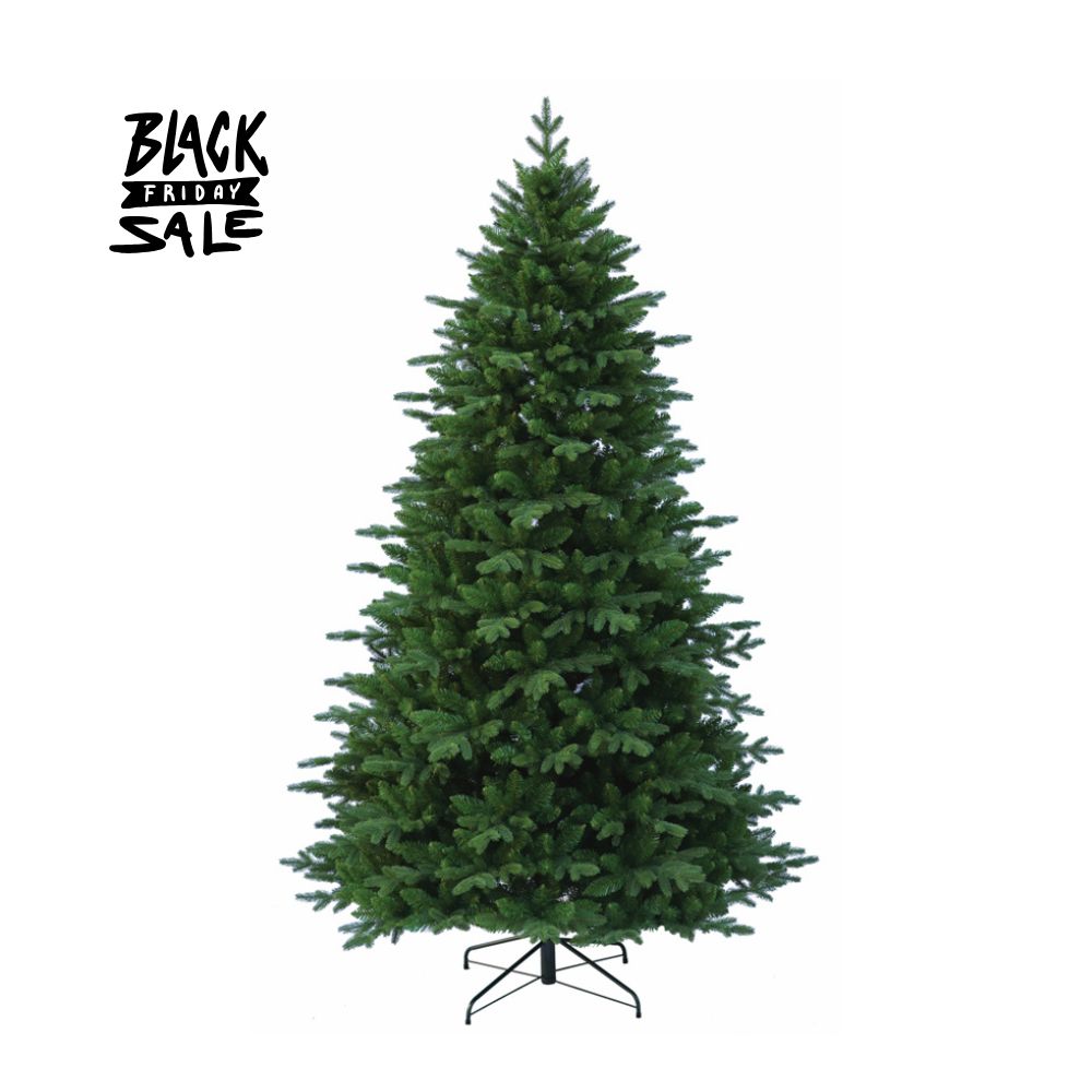 Künstlicher Weihnachtsbaum mit dichten, grünen Zweigen, auf schwarzem Metallständer stehend. 120 cm