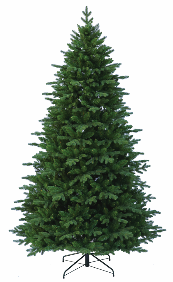 Künstlicher Weihnachtsbaum mit dichten, grünen Zweigen, auf schwarzem Metallständer stehend. 240 cm