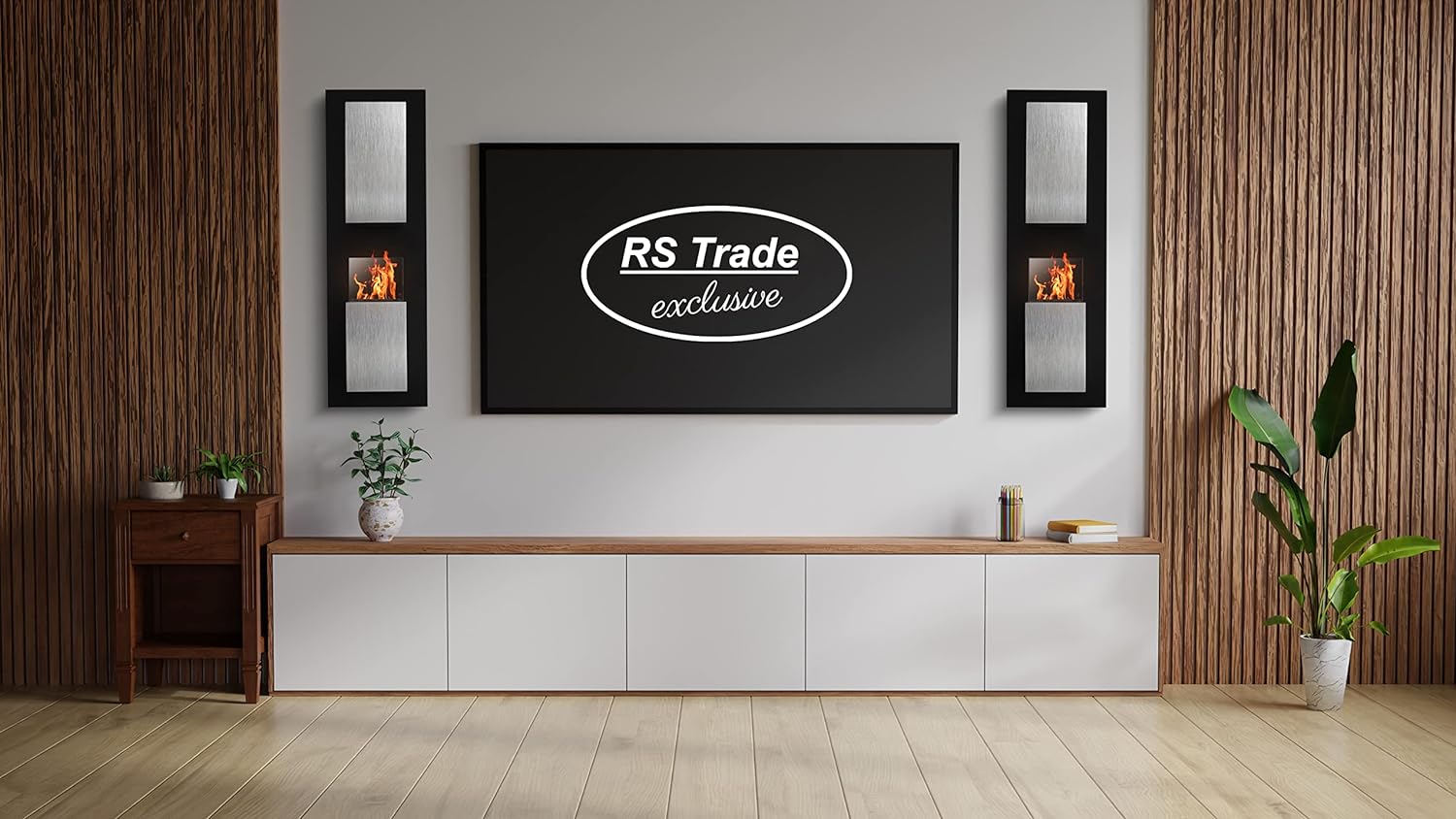Modernes Wohnzimmer mit Wandkamin-Feuerstellen und RS Trade exclusive Logo auf TV-Fläche.