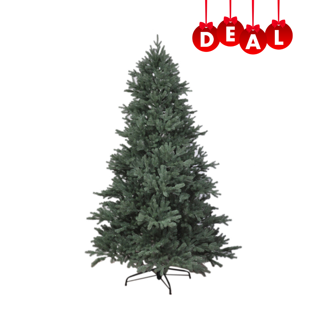 Kuenstlicher Weihnachtsbaum mit dunklen grünen Nadeln, dichten Zweigen und Metallständer. 150 cm_Dealzember
