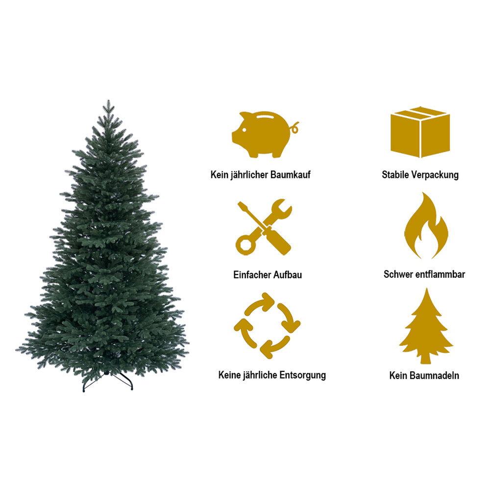 Kuenstlicher Weihnachtsbaum mit grünen Nadeln und Symbolen: kein Baumkauf, stabil, sicher, schwer entflammbar. 240 cm