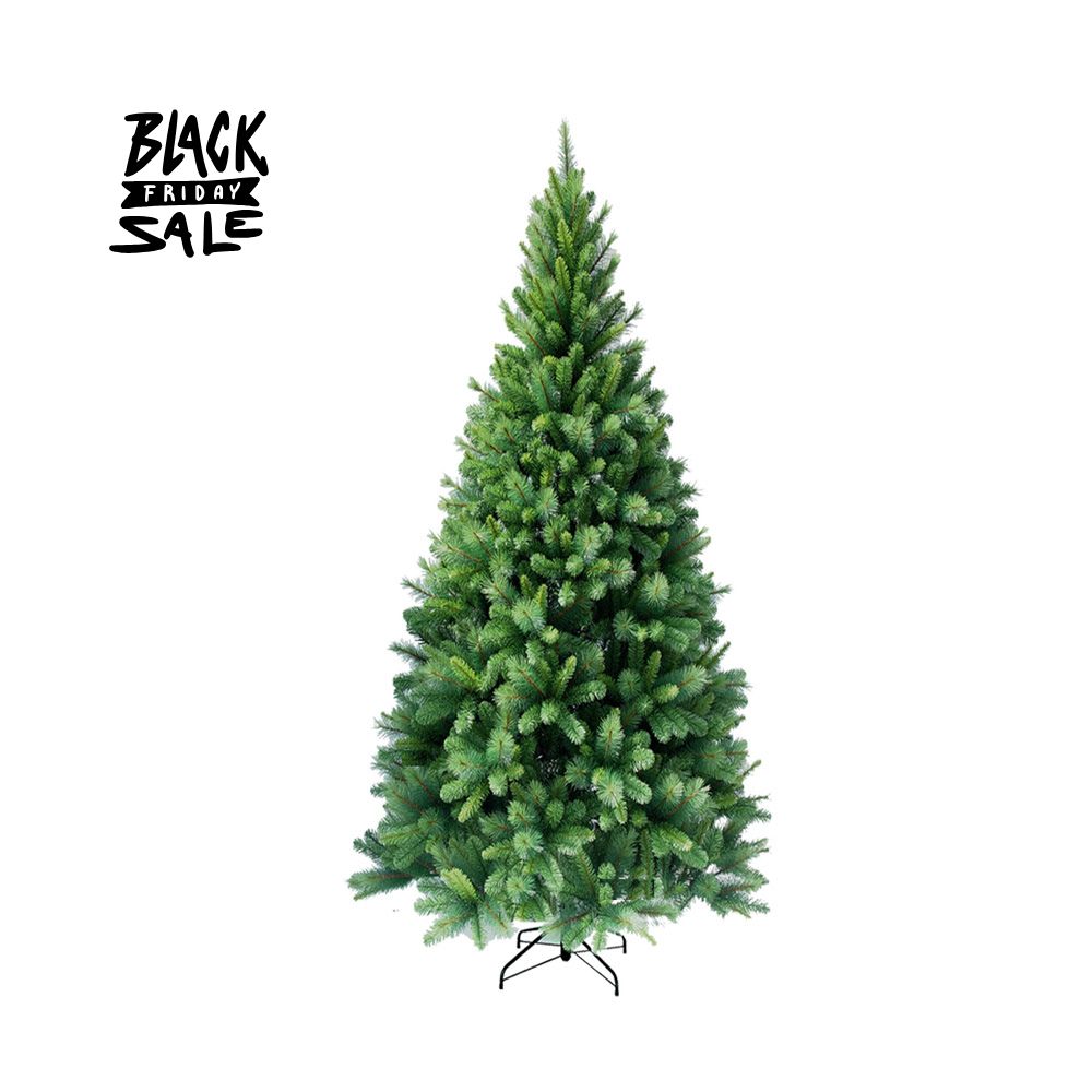 Kuenstlicher schmaler Weihnachtsbaum mit dichter Nadelstruktur, gruen, mit Metallstaender aufgestellt. 180 cm