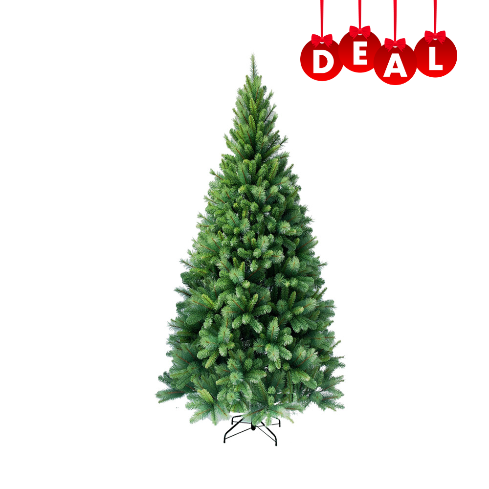 Kuenstlicher schmaler Weihnachtsbaum mit dichter Nadelstruktur, gruen, mit Metallstaender aufgestellt. 180 cm_Dealzember