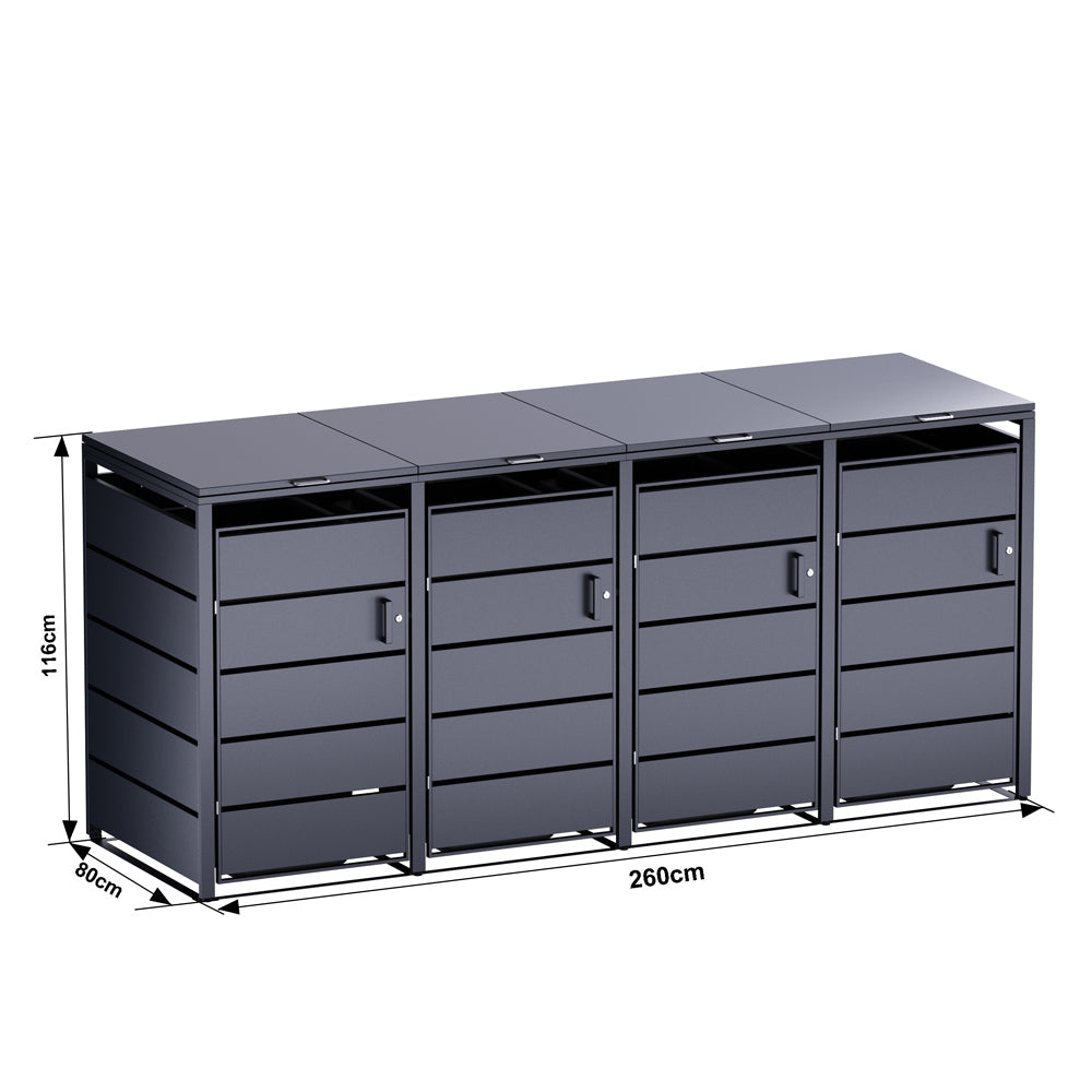Mülltonnenbox für vier Tonnen mit Maßen, abgeschrägtem Dach und moderner Metalloptik.