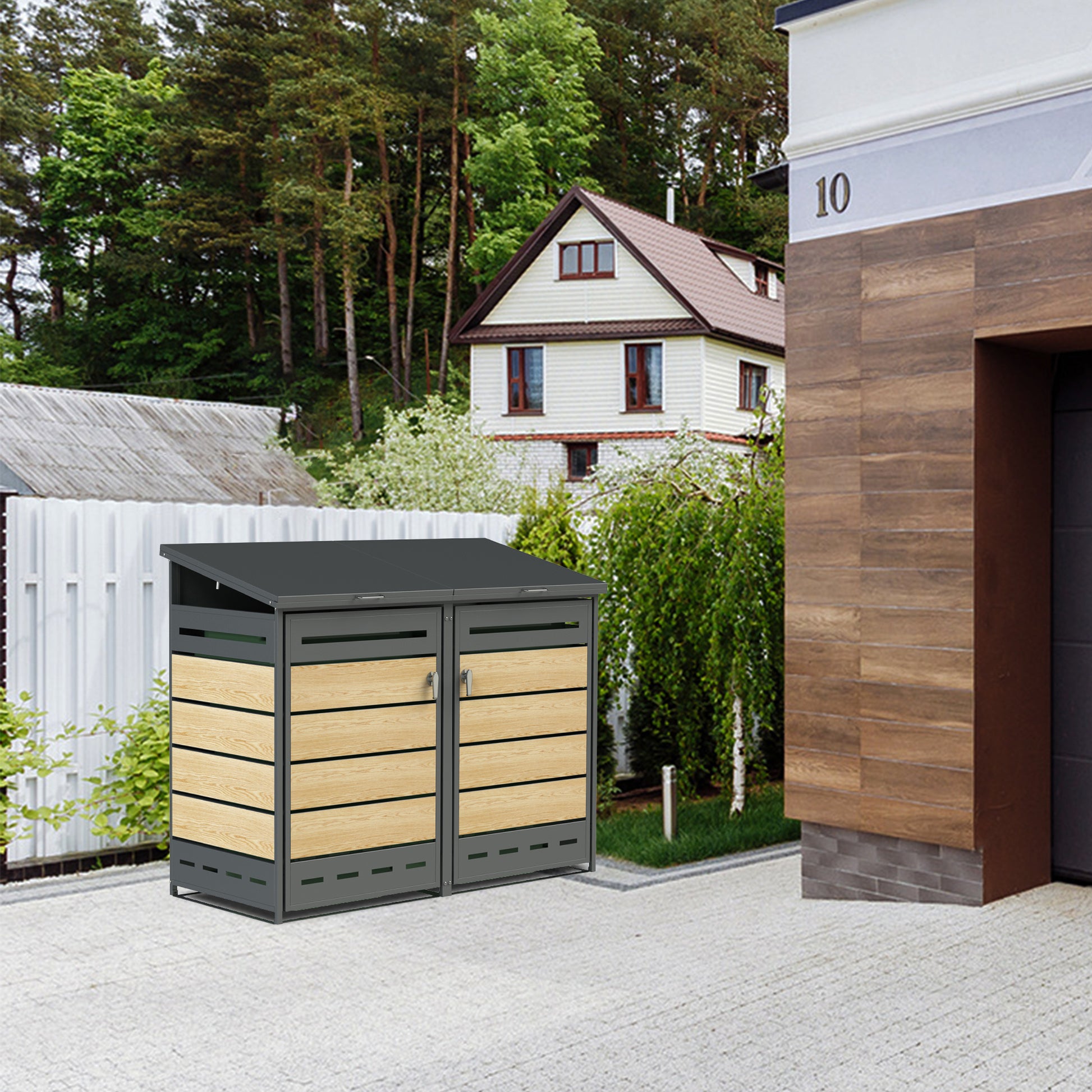 Mülltonnenbox in Holzoptik steht neben modernem Haus in gepflegtem Gartenbereich