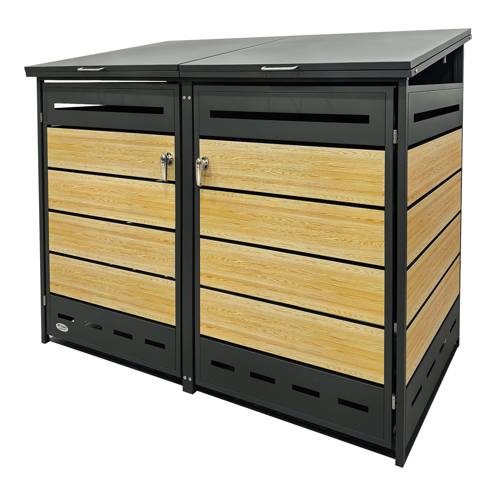 Mülltonnenbox mit Holzdekor und schwarzem Metallrahmen, zwei Türen mit Griffen, schräges Klappdach.1