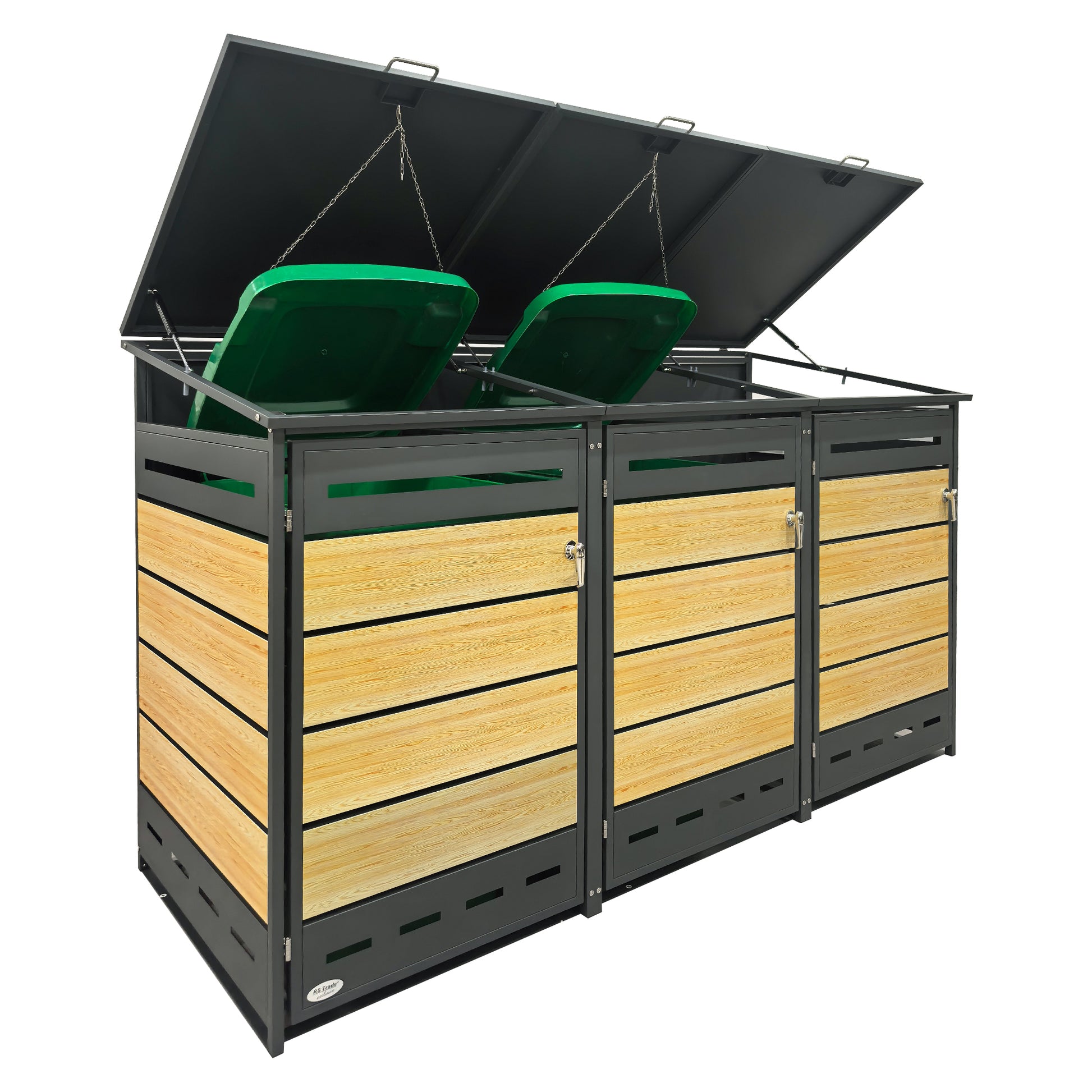 Mülltonnenbox mit Holzoptik, 3 geöffneten Deckel und zwei sichtbaren grünen Mülltonnen.1