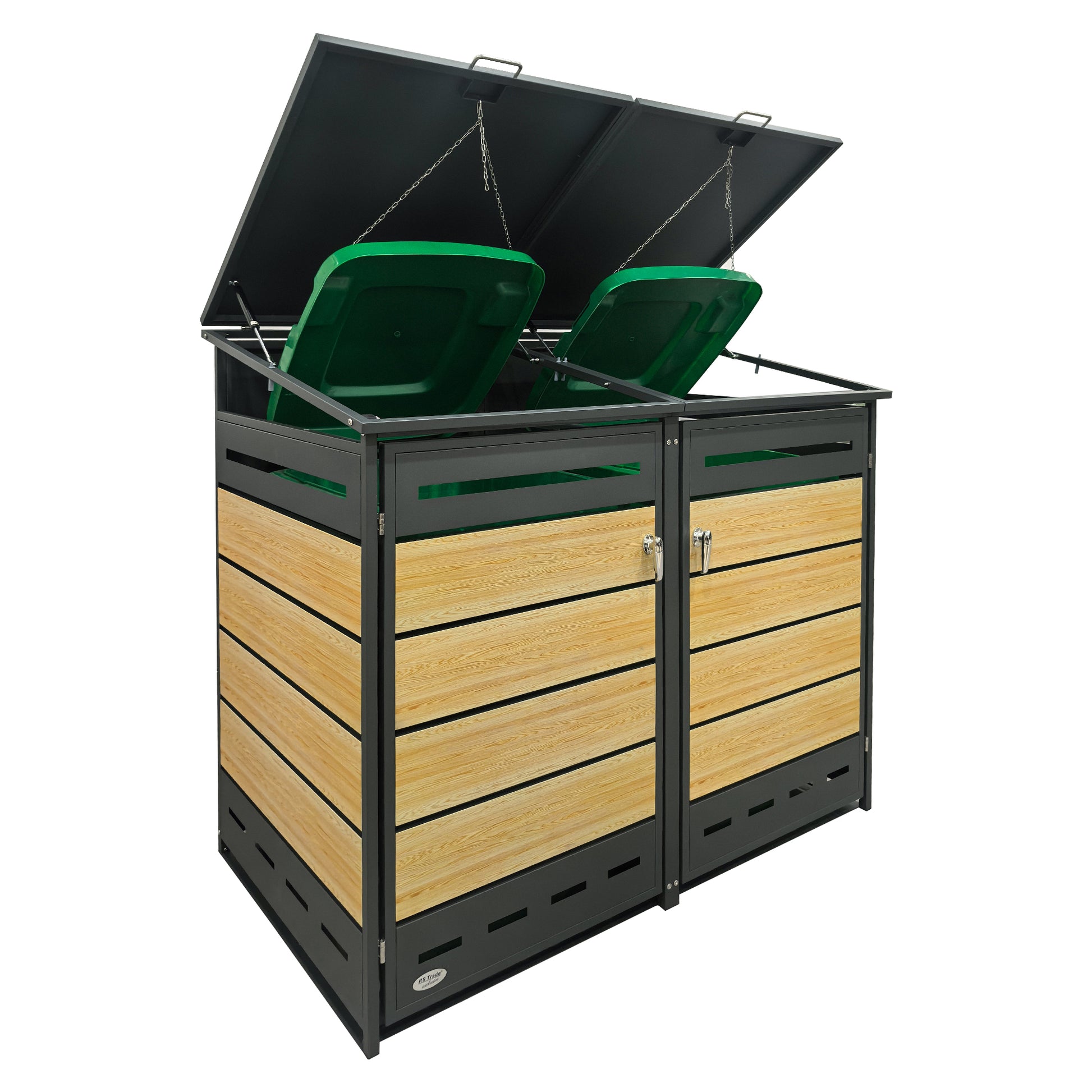 Mülltonnenbox mit Holzoptik, geöffnetem Deckel und zwei sichtbaren grünen Mülltonnen.1