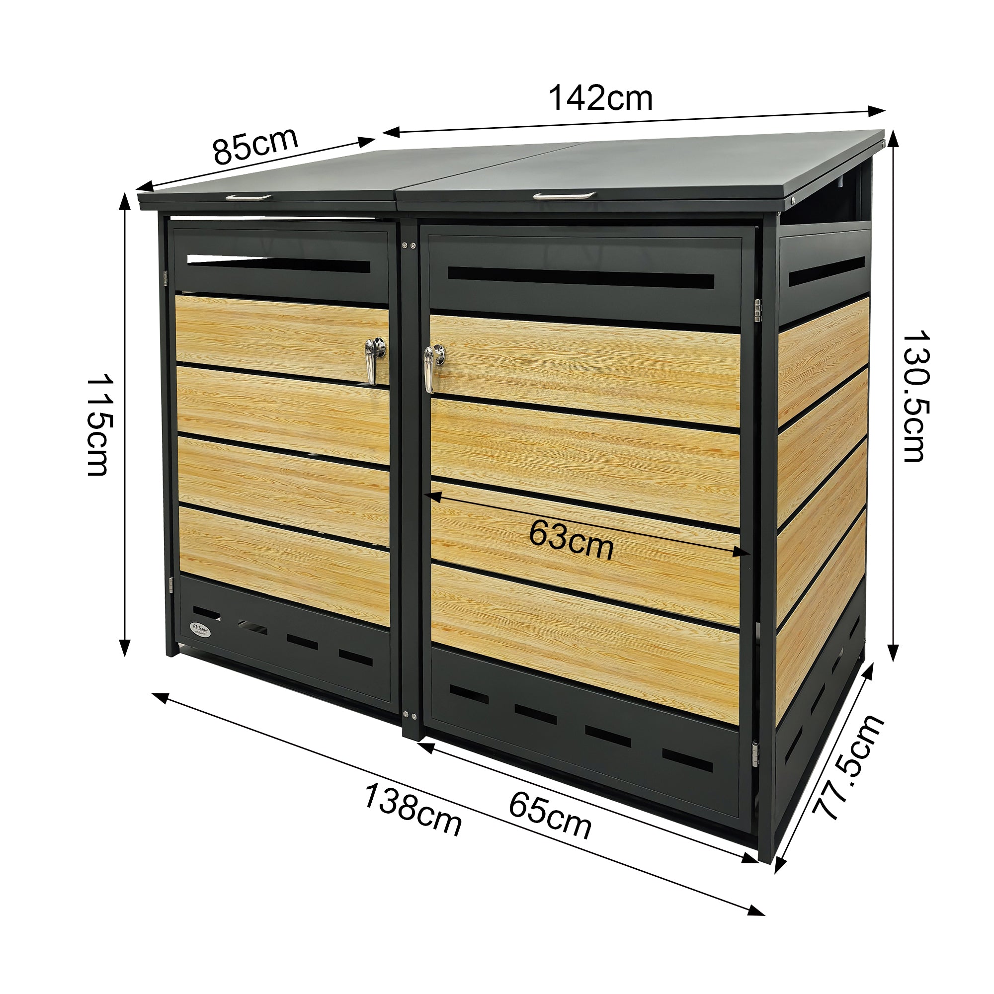 Mülltonnenbox mit Holzoptik und Maßangaben: Breite 142 cm, Tiefe 77,6 cm, Höhe 119,5 cm.1