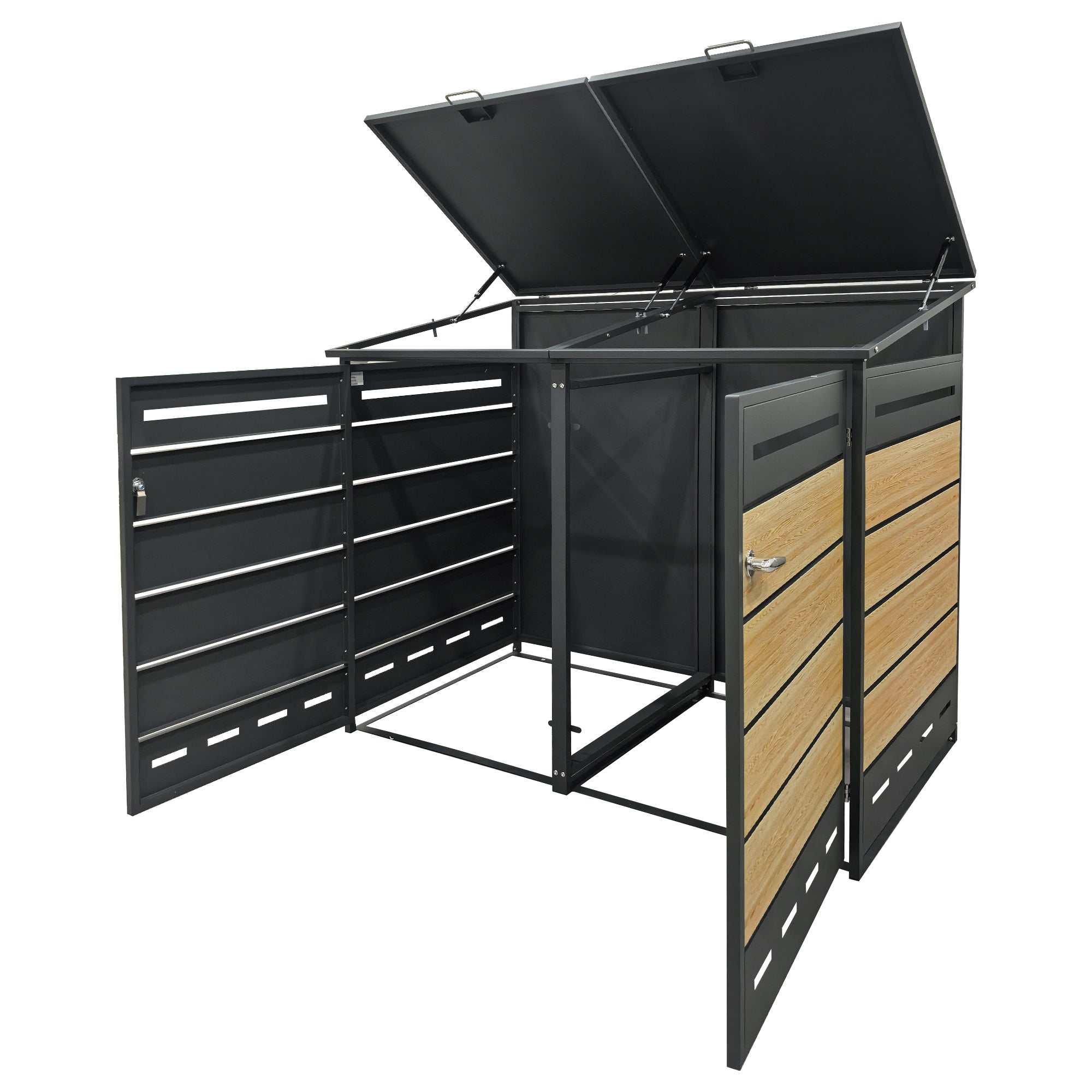 Mülltonnenbox mit Holzoptik und geöffneten Türen und Deckel zur einfachen Mülltonnenentnahme.1