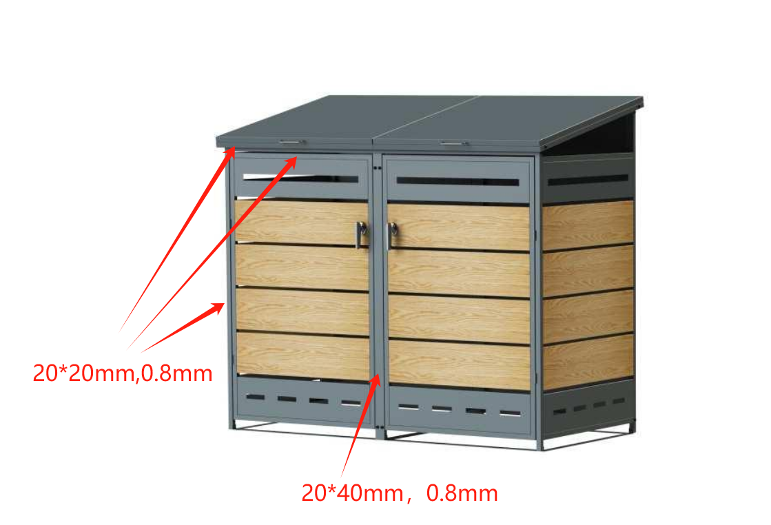 Mülltonnenbox mit Holzoptik und geneigtem Deckel, beschriftet mit Maßangaben in mm.2