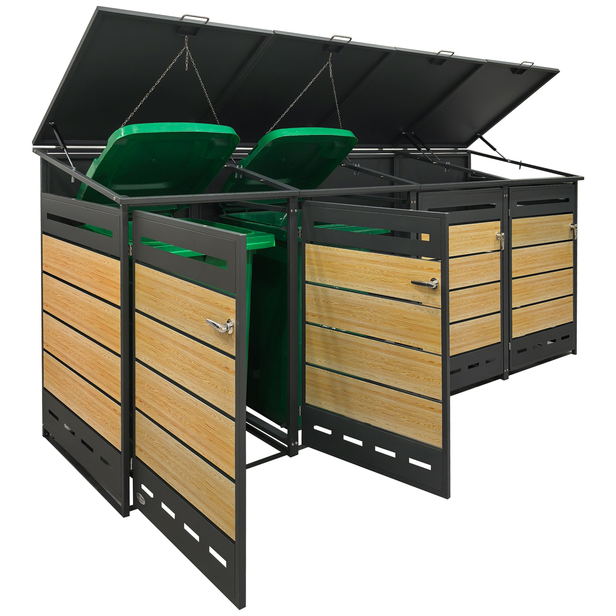 Mülltonnenbox mit Holzoptik und zwei geöffneten Türen und vier geöffneten Deckel zur einfachen Mülltonnenentnahme.1