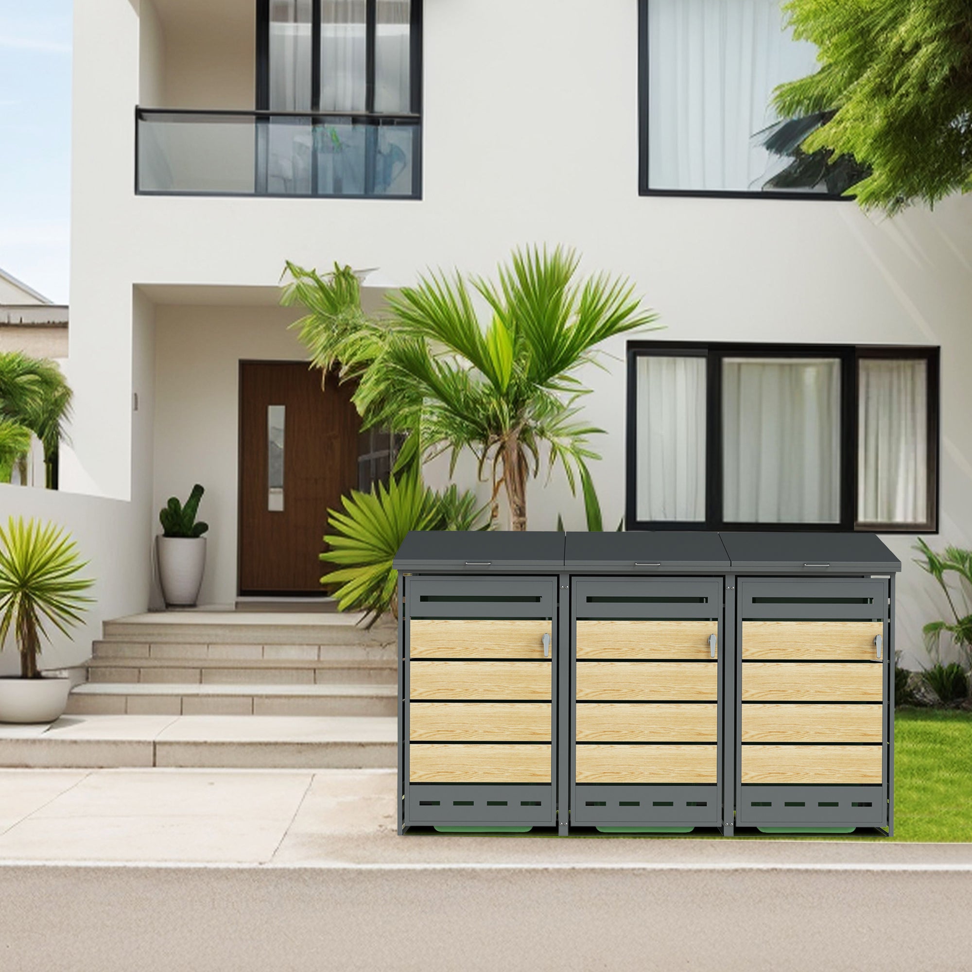 Mülltonnenbox mit Holzoptik vor modernem Wohnhaus mit Palmen und breiter Eingangstreppe.1