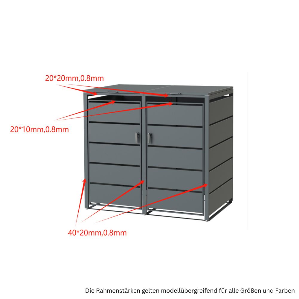 Mülltonnenbox mit Maßangaben der Rahmenprofile in Rot: 20×20, 20×10, 40×20 mm.