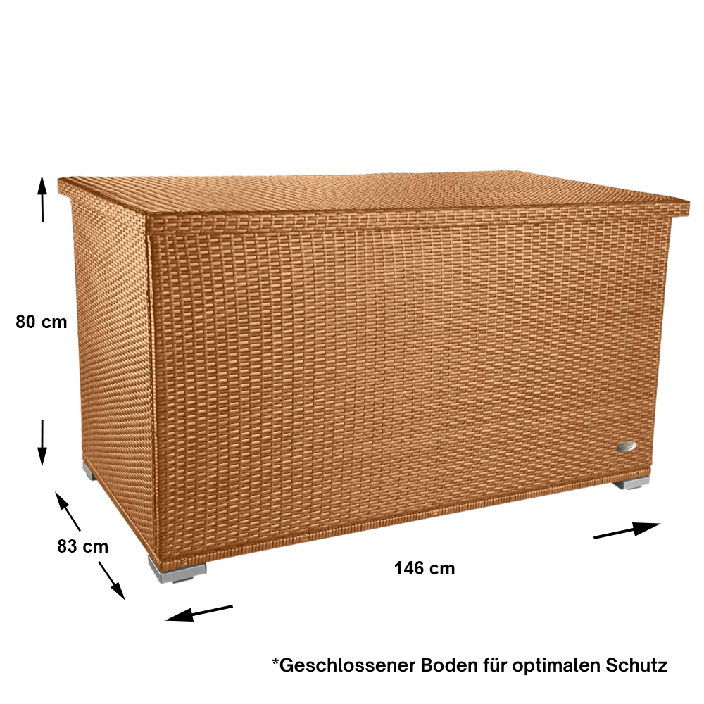 Maßgrafik: Breite 146 cm, Tiefe 83 cm, Höhe 80 cm; geschlossener Boden für optimalen Schutz.